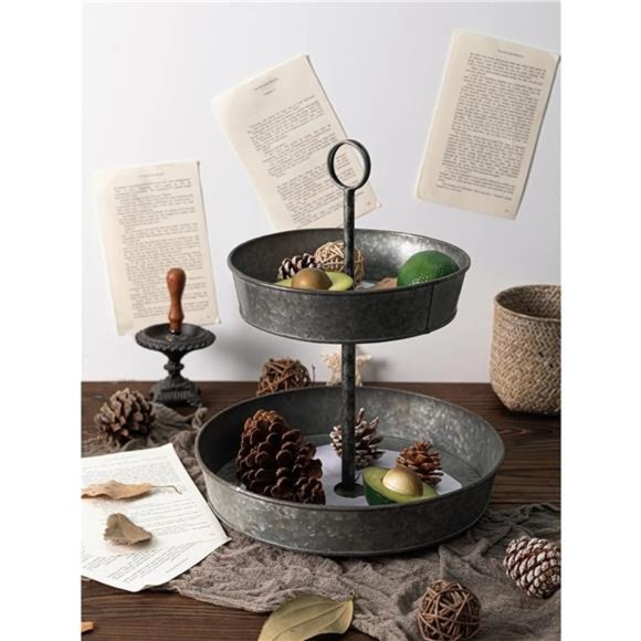 Farmhouse 2 Tiered Galvanized Serving Tray Stand with Handle, Rustic Metal Tray - Picture 6 of 6